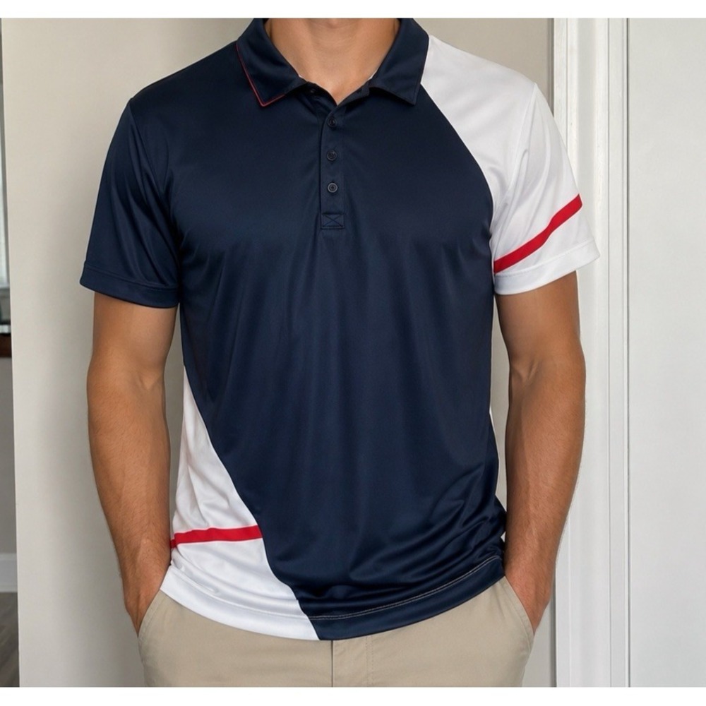 Slazenger Polo Golf Shirt Men Large Blue White Red Athletic EUC Light Comfort